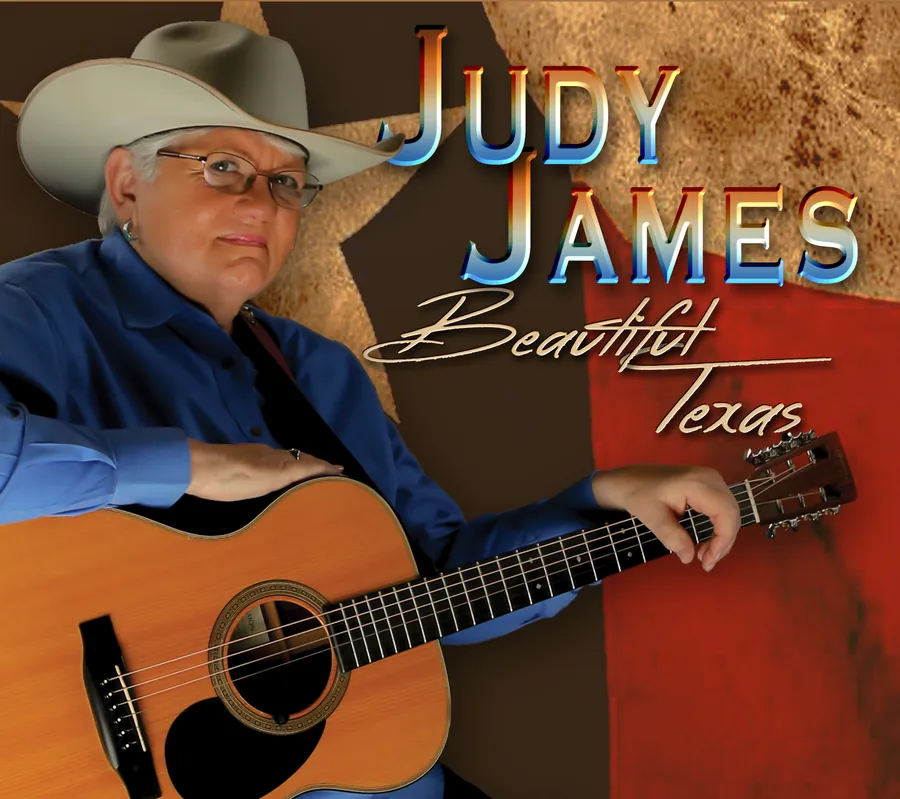 Beautiful Texas album cover: Judy James with her guitar before a Texas flag